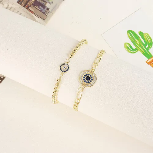 Vista 4 de Pulsera contra el mal de ojo chapado en oro de 14 quilates con cadena de ojo turco azul para mujeres y niñas