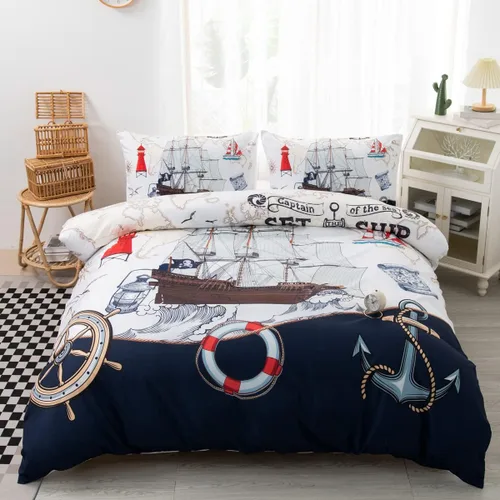 CVHOUSE Juego de ropa de cama náutica tamaño completo, cama de velero náutico para niños adolescentes, funda de edredón suave con diseño de anclaje