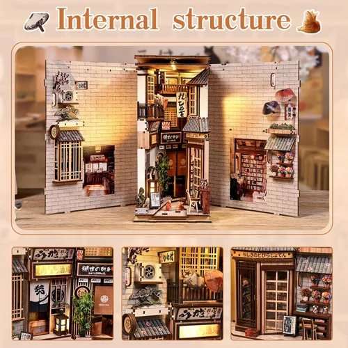 Vista 6 de Kit de rincón de libros, kit de casa en miniatura para adultos y adolescentes, decoración de estantería de callejón japonés con LED, rompecabezas