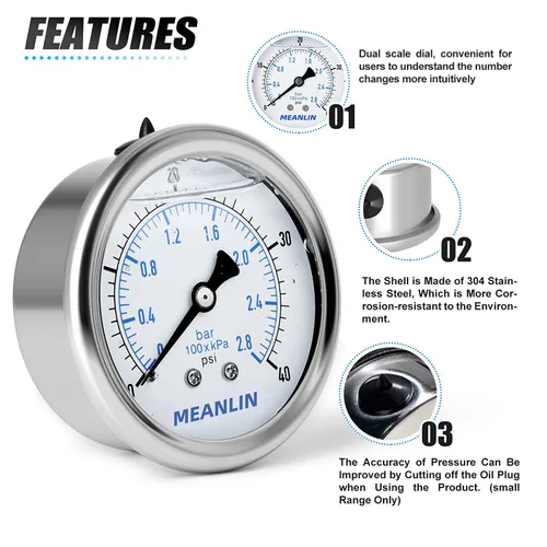 Vista 280 de MEANLIN MEASURE - Vacuómetro de presión de vacío de acero inoxidable, esfera con cara de 2.5 pulgadas, NPT de 1/8 de pulgada, montaje trasero