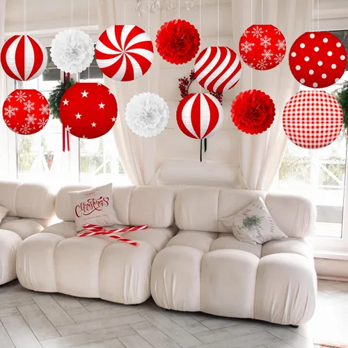 Vista 7 de Juego de 13 piezas de decoraciones de Navidad – 9 linternas colgantes de papel rojo y blanco, 4 pompones para interiores, hogar, fiesta de Navidad