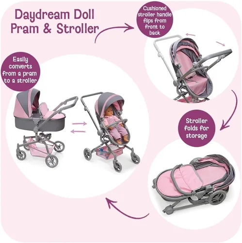 Vista 2 de Badger Basket cochecito plegable para muñecas con capazo - Juguete convertible con dosel, cesta y asa suave - Ligero, fácil de usar para niñas de 3