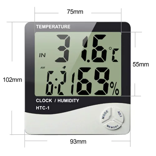 Vista 2 de HTC-1 Termómetro digital higrómetro Reloj de alarma/alarma Calendario 5 funciones Soporte de escritorio de pantalla grande y montaje en pared