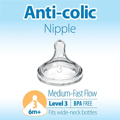 Vista 3 de Dr. Brown's Natural Flow Level 3 Biberón de cuello ancho Pezón de silicona y Natural Flow® Opciones anticólicos+™ Biberón de cuello ancho Biberón