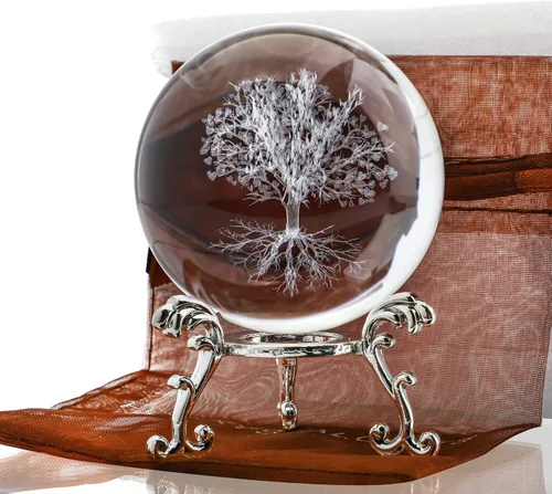 Vista 9 de H&D HYALINE & DORA Bola de Cristal Pisapapeles de Flor de la Vida Grabada con Láser 3D con Soporte, Globo de Flores de Rejilla Curativa de Chakras