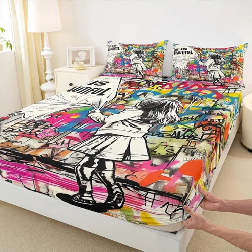 Vista 24 de Piano Music Fitted Sheets Full Size,Musical Notes Bedding Set 3Pcs for Kids Girls Boys Teens Room Decor,Retro Graffiti Grey Gold Bed Sheet Music