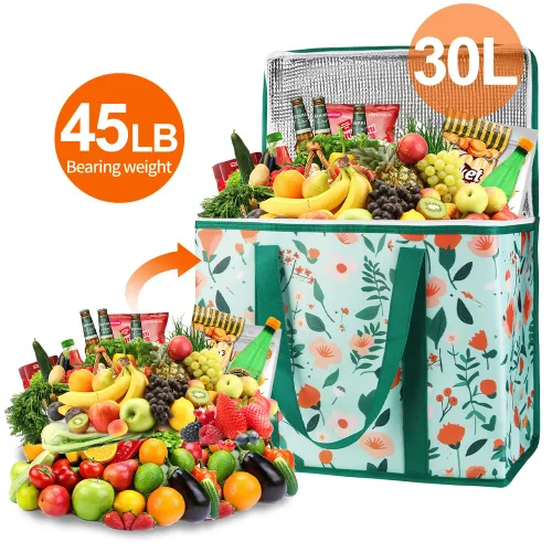 Vista 4 de Bodaon - Paquete de 2 bolsas de compras reutilizables y aisladas para comestibles, tamaño XL, bolsa térmica para picnic con cierre superior, bolsa