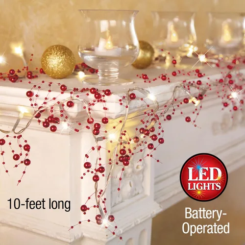 Vista 3 de Collections Etc Decoraciones navideñas para interiores, guirnalda de cuentas de bayas iluminadas festivas doradas, 120 pulgadas de largo