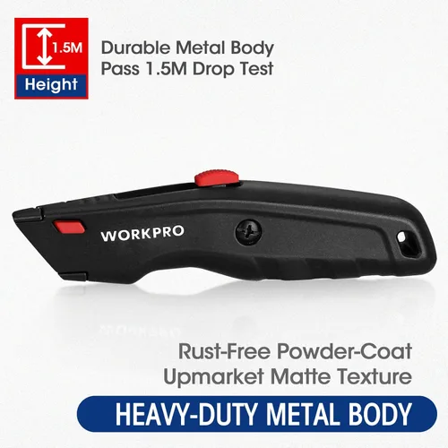Vista 9 de WORKPRO Cuchillo Utilitario Premium, Cortador de Caja Retractable Todo Metálico de Alta Resistencia, Cuchillo de Afeitar con Cambio Rápido