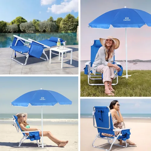 Vista 8 de Nice C Blue Backpack - Silla de playa con enfriador y paraguas, silla de playa reclinable de 5 posiciones para adultos, con soporte para tazas