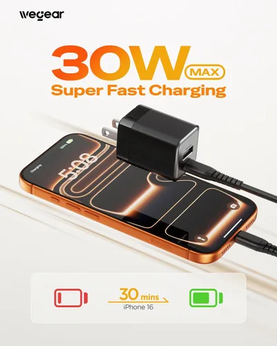Vista 2 de wegear Cargador rápido USB C de 30 W, cargador de pared USB C de doble puerto con enchufe plegable para iPhone 16/15/14, Samsung S24, iPad, 40% más