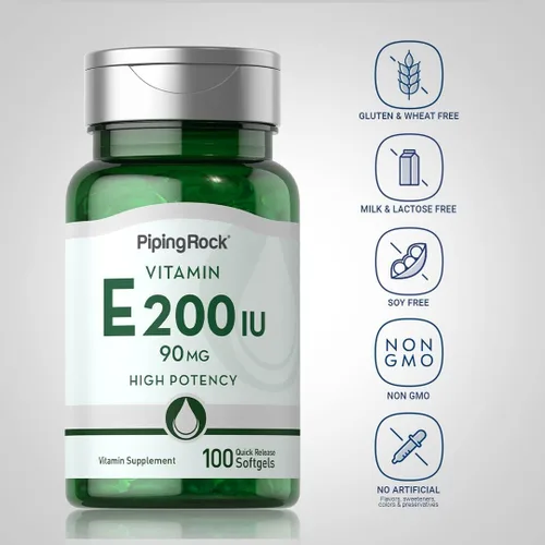 Vista 3 de Piping Rock Vitamina E 200 UI 90 mg 100 cápsulas de gel suave Suplemento de alta potencia Sin OMG, sin gluten