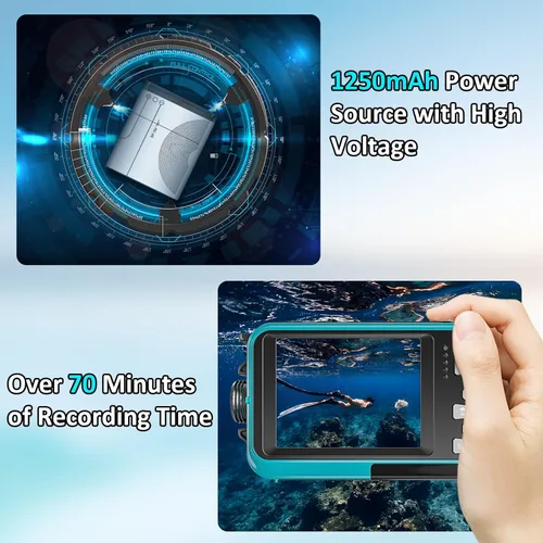 Vista 5 de Cámara subacuática 4K de 16 pies Cámara impermeable con tarjeta de 32 GB, enfoque automático de 64 MP, cámara submarina selfie de doble pantalla