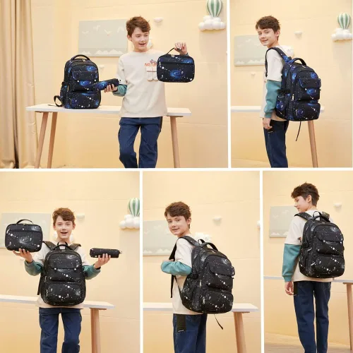 Vista 2 de Mildame Galaxy Backpack for Boys with Lunch Box Set, 3Pcs Boys Bookbag for Elementary, 3 in 1 Teens Space Printed School Bag