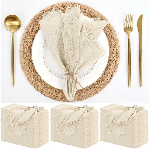 Vista 18 de Paquete de 12 servilletas de lino y algodón beige de 16 x 16 pulgadas, hechas a mano con flecos, servilletas de tela suave, lavables y rústicas