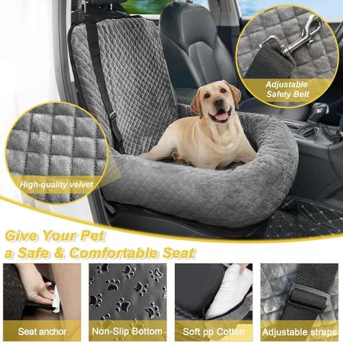Vista 3 de Asiento de automóvil para perros pequeños y medianos, desmontable lavable, asiento elevador de seguridad para mascotas, cómodo, ultra suave y Gris
