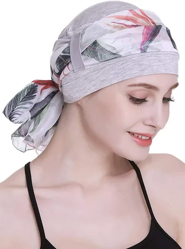 Vista 3 de Elegante gorro de quimioterapia con bufandas sedosas para mujeres con cáncer para pérdida de cabello
