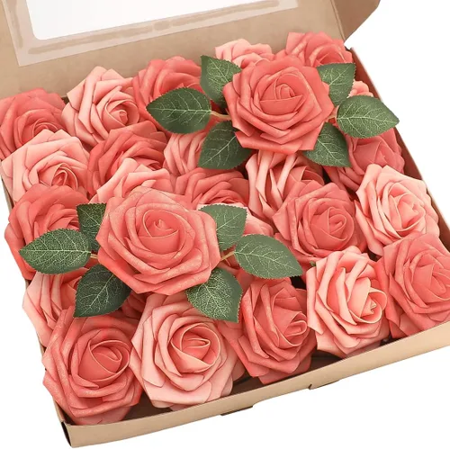 Vista 44 de Floroom Flores artificiales, 25 piezas de rosas falsas de espuma dorada antigua de aspecto real con tallos para ramos de boda DIY, centros de mesa