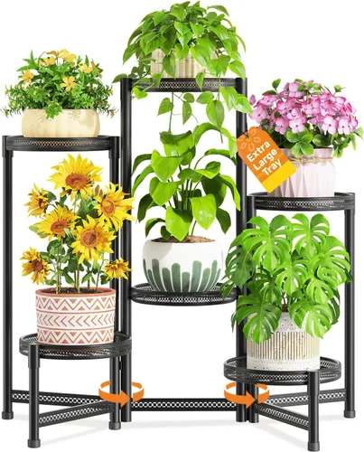 Vista 19 de LASZOLA Soporte plegable para plantas de interior de 7 niveles para múltiples macetas grandes, estante ajustable alto y resistente con bandeja de 10