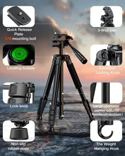 Vista 6 de Soporte de trípode para cámara de 73 pulgadas, trípode de aluminio con soporte para teléfono, bolsa de viaje, compatible con GoPro/DSLR/teléfono