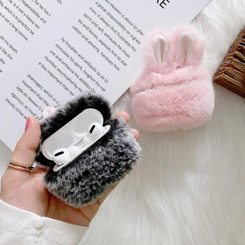Vista 6 de Guppy Compatible con AirPods Pro 2 - Funda de conejo peludo para niñas, caricaturas 3D, lindas orejas de conejo, funda de transporte mullida