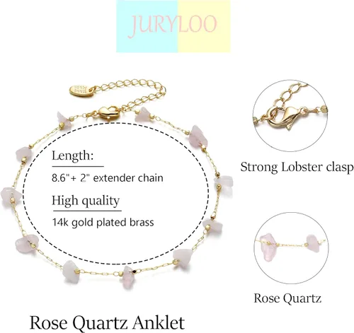 Vista 4 de JURYLOO Gold Anklet for Women, Boho Crystal Chips Ankle Bracelet Handmade Natural Gemstone Foot Chain Summer Beach Foot Jewelry Adjustable