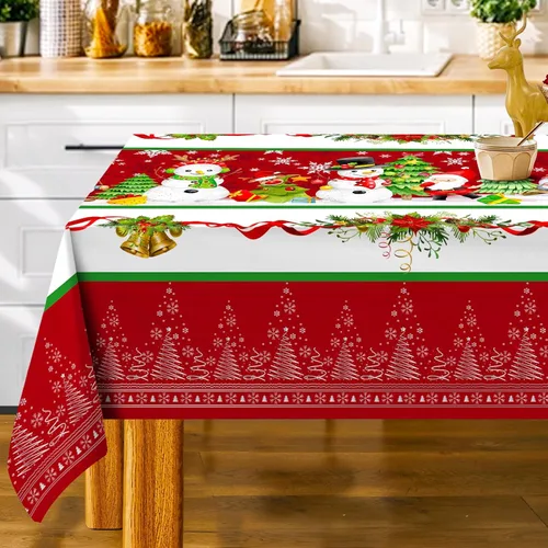 Mantel de Navidad rectangular con diseño de árbol de Navidad, muñeco de nieve, 60 x 84 pulgadas, con flor de pascua, decoración de comedor y cocina