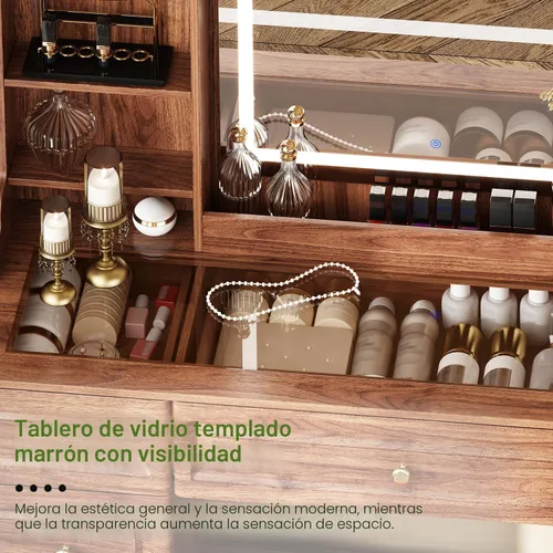 Vista 5 de Arulvmrn Escritorio de maquillaje de 43 pulgadas con espejo y luces, y toma de corriente, mesa de tocador grande con parte superior de vidrio con 9