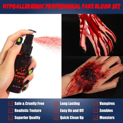 Vista 3 de BOBISUKA Kit de maquillaje de sangre falsa de Halloween de 3 piezas, coagulado de 1.41 onzas + spray de 1.76 onzas + goteo de 1.76 onzas, maquillaje