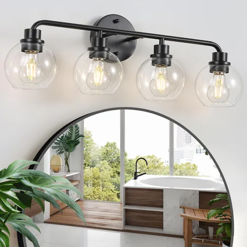 Vista 17 de Lámparas de baño doradas para tocador, 3 luces, apliques de pared, luces de latón cepillado con pantallas de vidrio globo transparente, lámpara