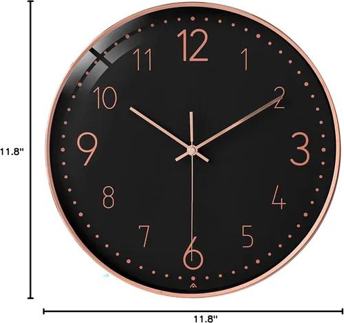 Vista 5 de Stephanie Imports Moderno reloj de pared silencioso de oro rosa sobre negro con tapa de cristal (esfera numérica)
