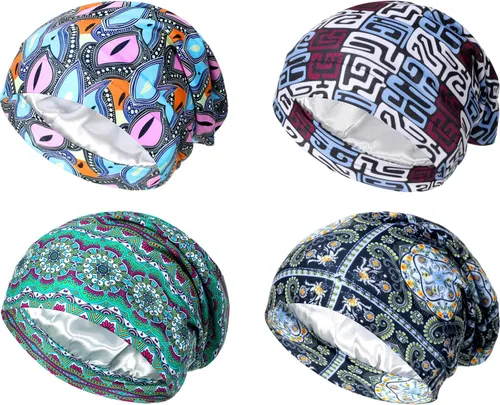 Vista 8 de Geyoga 4 piezas de gorro de satén de seda para mujeres durmiendo, gorro de dormir de doble capa, gorro de dormir holgado