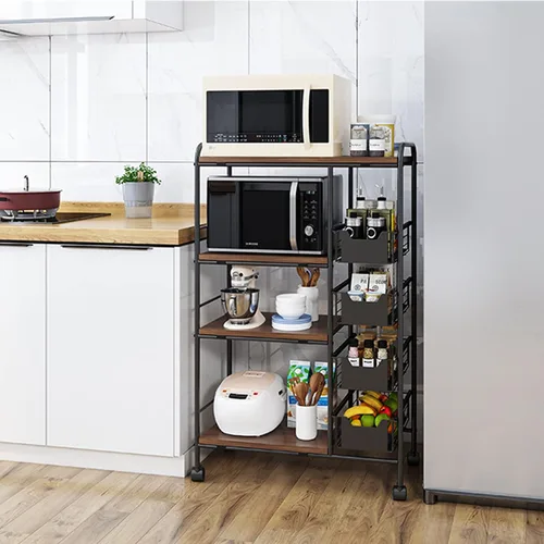 Vista 2 de OUKANING Carrito de cocina de 4 niveles con ruedas y cestas, soporte para horno de microondas, utensilios de cocina, vajilla, especias, alimentos