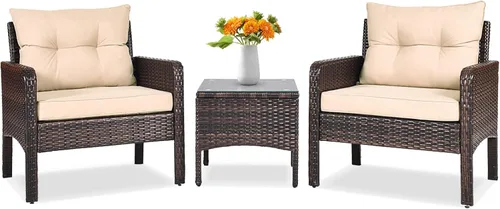 Vista 14 de Tangkula Juego de 3 piezas de muebles de patio de mimbre PE, juego de conversación de bistró al aire libre con cojines y mesa de centro de vidrio