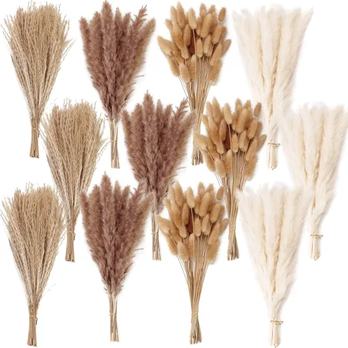 Vista 15 de Decoración de hierba seca de las pampas, 120 piezas de hierba de las pampas con colas de conejo, ramo de hierba de caña para bodas, flores bohemias