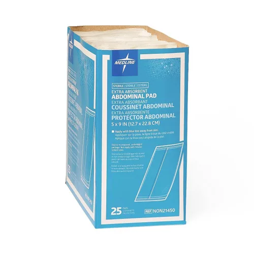 Vista 3 de Medline NON21450H Almohadillas abdominales estériles, almohadilla súper absorbente, 5 x 9 pulgadas, 25