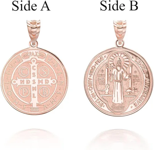 Vista 2 de Medalla De San Benito - Collar con colgante de moneda de oro rosa de 10 quilates con cadena Rolo y colgante solo
