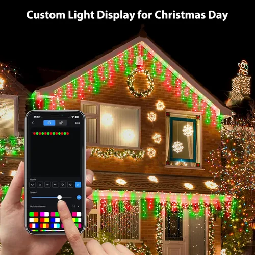 Vista 3 de Luces de carámbano de Navidad inteligentes de 99 pies que cambian de color, control por aplicación, 897 LED, 207 gotas, tira de luces de techo