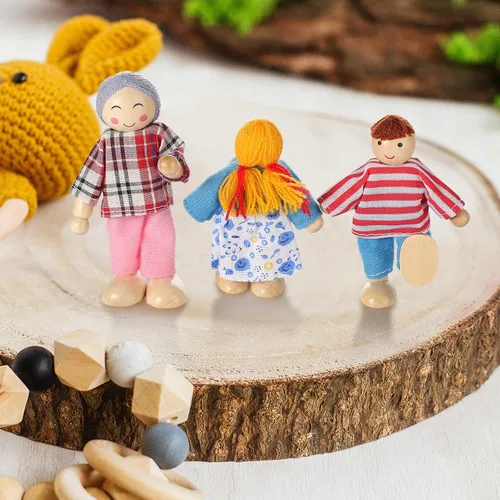 Vista 3 de Jzszera Casa de muñecas de madera, personas de 8 figuras, conjunto familiar de muñecas para niñas, niños pequeños, accesorios de casa de muñecas