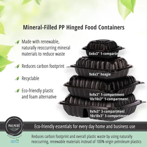 Vista 3 de MULMEHË Recipientes de alimentos de plástico de polipropileno relleno mineral con bisagras, 6 x 6 x 3, compartimento único ventilado, negro, paquete