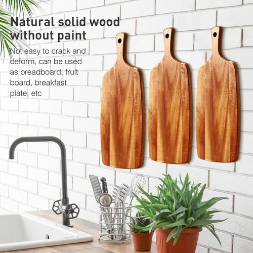 Vista 3 de Kathfly 3 tablas de cortar de madera de acacia con mango láser de madera para servir charcutería para verduras, carne, pizza, queso, pan de frutas