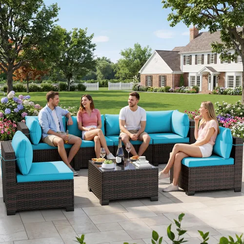 Vista 15 de LEVELEVE Juego de 7 muebles de patio al aire libre, juego seccional de conversación de ratán, sofá de mimbre de tejido manual con mesa de té