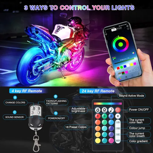 Vista 2 de 12 piezas de luces LED RGB para motocicleta para Harley Davidson Kawasaki Suzuki Yamaha Golf Cart, kit de luces subterráneas multicolor
