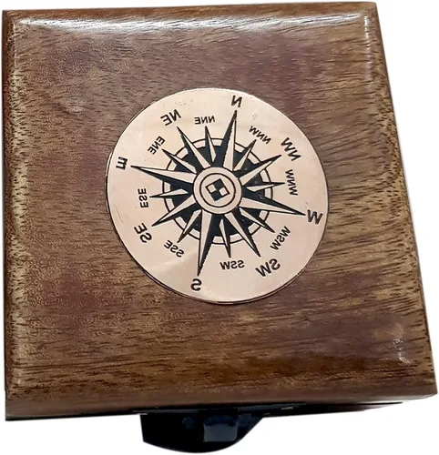 Vista 6 de Brújula de bolsillo de latón antiguo con caja de madera, herramienta de navegación magnética de 2 pulgadas, vintage, náutico, coleccionable
