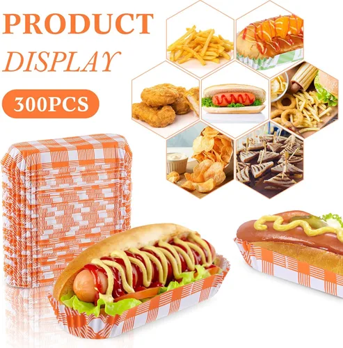 Vista 3 de Yinkin 300 piezas de bandejas de papel para hot dogs de Halloween, bandejas de comida de 15 cm, suministros para puesto de concesión, bandejas