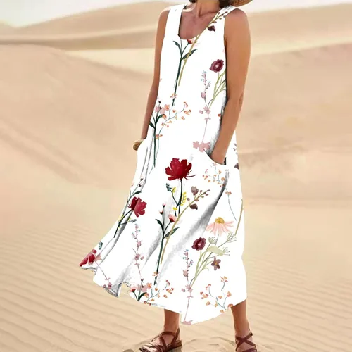 Vista 2 de XSSFCC Womens Summer Clothes Boho 2023 Casual Sleeveless Cotton Linen Button Front Summer Dress for Holiday with Pokets