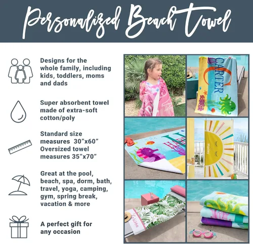 Vista 4 de Let's Make Memories - Toalla de playa personalizada - Toalla de piscina personalizada - Mezcla de algodón/poliéster - Tamaño estándar - Rayas verdes