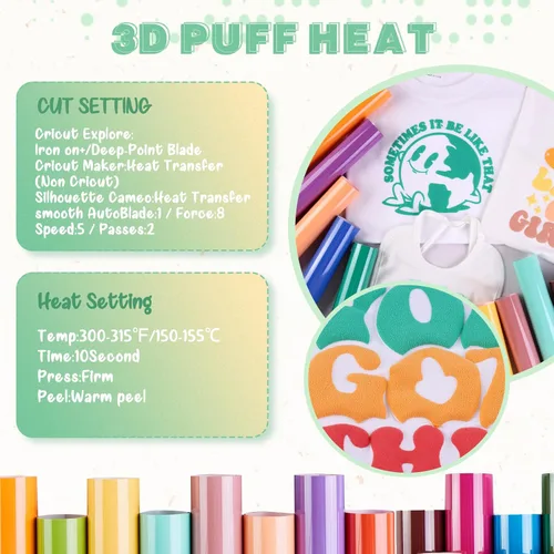 Vista 4 de Tintnut Vinilo de transferencia de calor Puff - 18 hojas 12 x 10 pulgadas 3D espumante HTV vinilo para planchar sobre camisetas DIY compatible