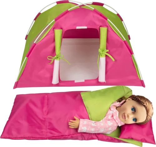 Tienda de campaña para muñecas (juego de 3 piezas) – Incluye tienda de campaña XL, saco de dormir y almohada – Hecho a mano, accesorios premium para
