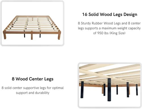 Vista 8 de HomSof Cama de plataforma de madera maciza tamaño King, no necesita somier, soporte de listones de madera fuerte, fácil montaje